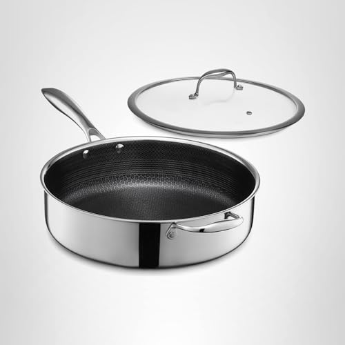HexClad Hybrid Nonstick 5.5-Quart Deep Sauté Pan with Tempered Glass Lid, Stay-Cool Handle, Dishwasher-Friendly, Oven-Safe Up to 900°F, Induction Ready, Compatible with All Cooktops
