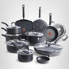 T-Fal Ultimate Hard Anodized Nonstick Cookware Set 17 Piece, Nonstick Pots and Pans Set with Fry Pan, Saucepans, Saute-Pan, Griddle, Dishwasher Safe, Black