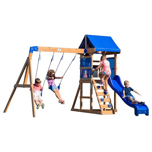 Backyard Discovery Aurora Wooden Playhouse Swing Set with Slide