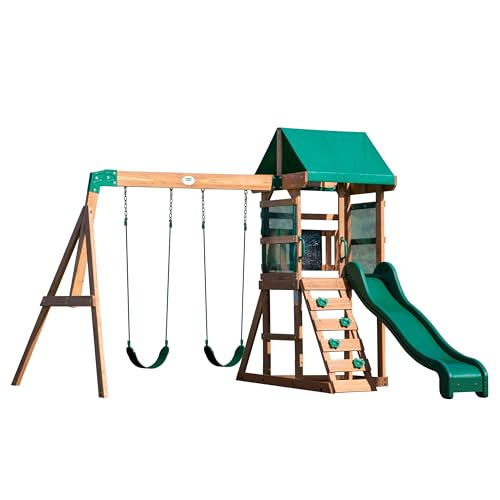Backyard Discovery Aurora Wooden Playhouse Swing Set with Slide