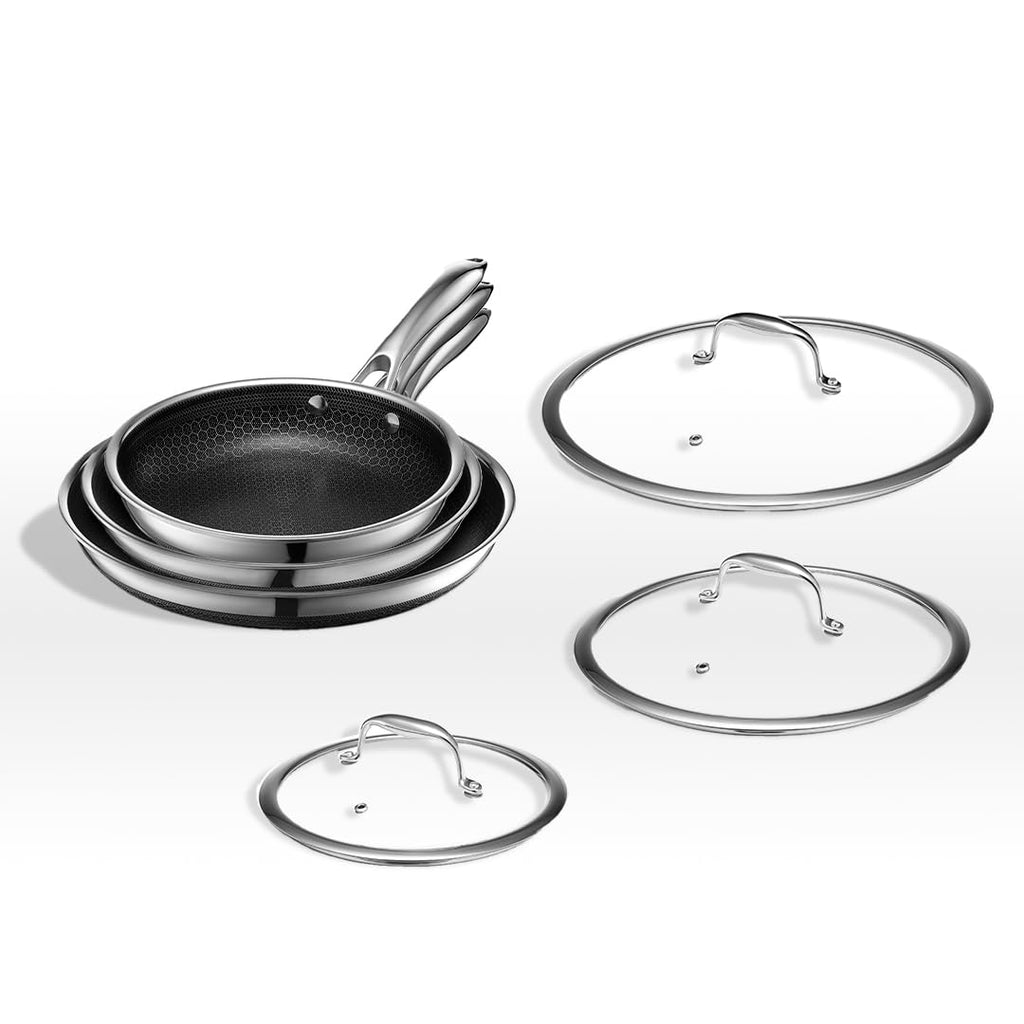 HexClad Hybrid Nonstick 6-Piece Fry Pan Set, 8, 10, and 12-Inch Frying Pans with Tempered Glass Lids, Stay-Cool Handles, Dishwasher-Friendly, Induction Ready, Compatible with All Cooktops