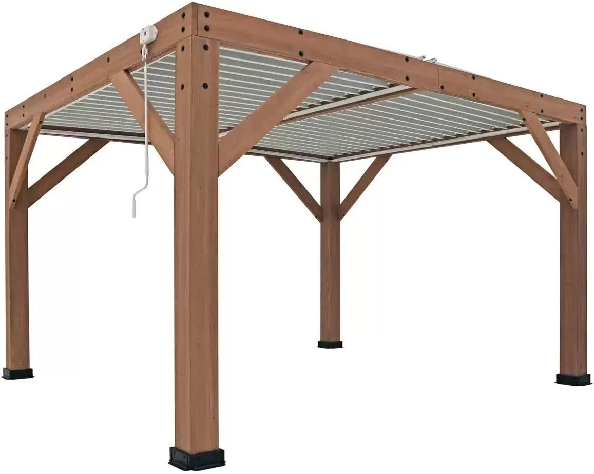 Yardistry 11ft x 13ft Wooden Louvered Pergola With Aluminium Roof
