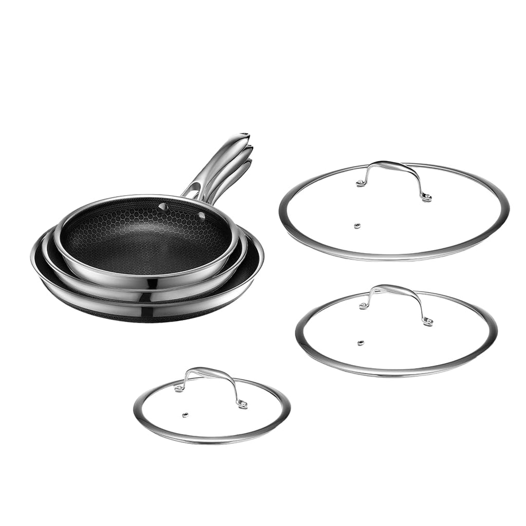 HexClad Hybrid Nonstick 6-Piece Fry Pan Set, 20 cm, 25 cm, and 30 cm Frying Pans with Tempered Glass Lids, Stay-Cool Handles, Dishwasher-Friendly, Induction Ready, Compatible with All Cooktops