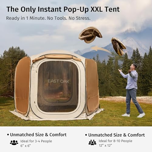 EAST OAK 12×12 FT Pop Up Canopy Tent with Mesh | Outdoor Screen House with 6 Sunshades | Instant Canopy with Portable Carry Bag | Gazebo Tent for Camping, Patio, and Beach | Beige