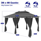 Homall Garten Pavillon 4x3x2,7m mit LED-Beleuchtung, 180g/m² Dachplane Wasserdicht Partyzelt, Metallrahmen Stabile Füße, Terrassenpavillon für 6-8 Personen, Dunkelgrau