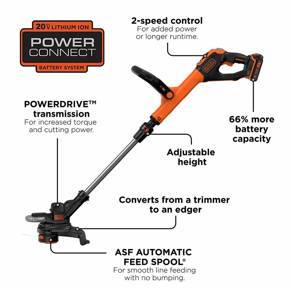 BLACK+DECKER 20V MAX Cordless String Trimmer and Edger with Spool, Battery and Charger Included, 2 Speed, 12 Inch (LST522)