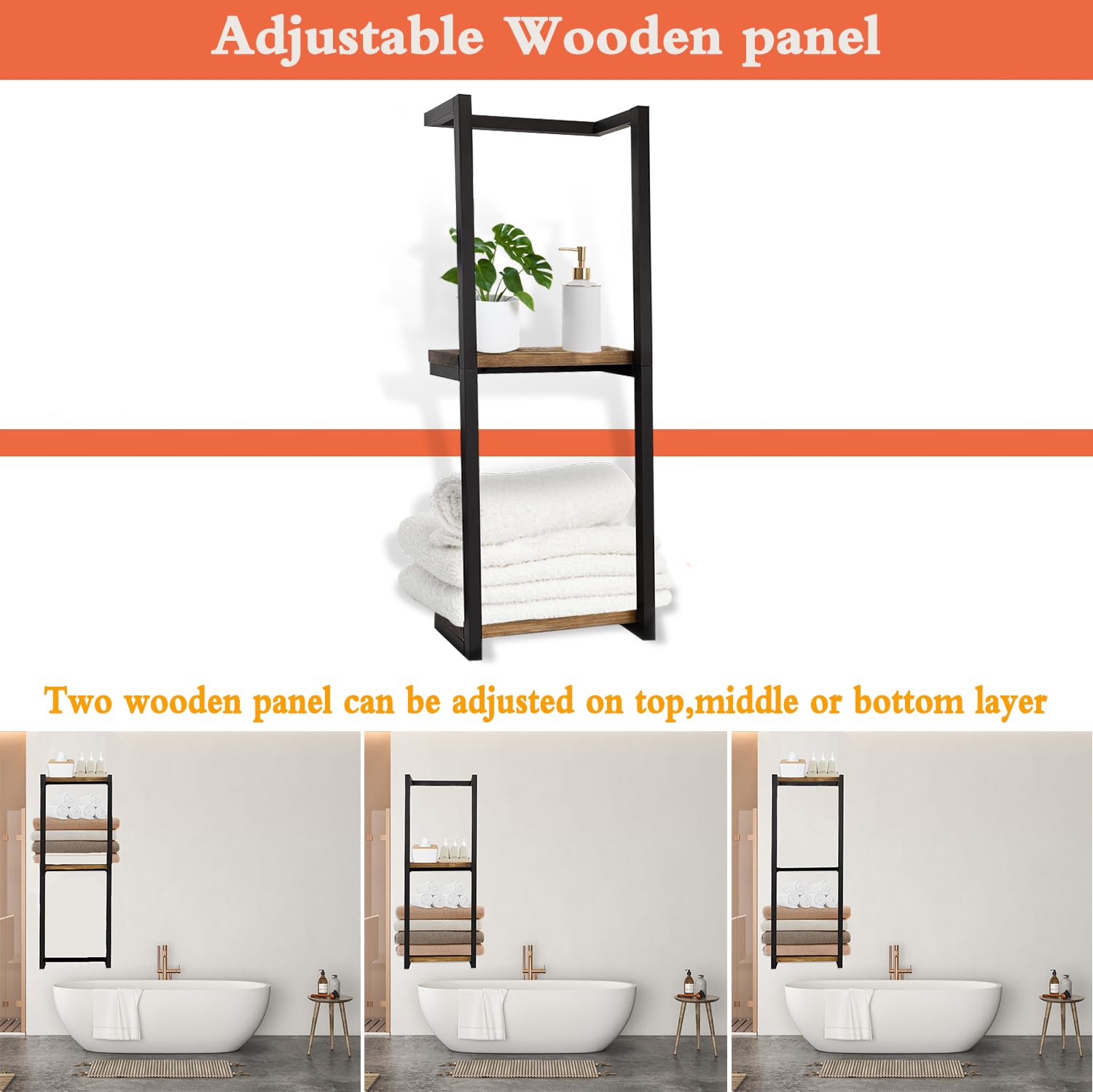 Lengfkus Modern Towel Rack for Rolled Towels,Towel Rack for Bathroom,Wall Mounted Bathroom Organizer Storage,Metal Towel Holders with Wooden Shelf,11" L x 5.5" W x 30" H,Black