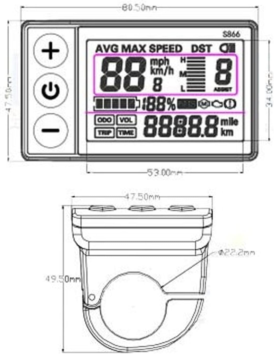Luatoxry S866 LCD Bike Display Screen 5 Pin 24V 36V 48V