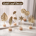 Uimoky Gold Leaf Home Decor Set - Metal Leaves Statues, Modern Artistic Sculptures for Living Room, Office, Shelf & Home Decorative, Handmade 3D Botanical Accents (Monstera, Feather, Ginkgo, 3PCS)