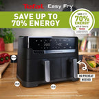 Tefal Easy Fry Dual Zone Digital Air Fryer, 2 Drawers, 8.3L, 8in1, Air Fry, Extra Crisp, Roast, Bake, Reheat, Dehydrate, 6 Portions, Non-Stick, Dishwasher Safe Baskets, Black & Metal EY901840