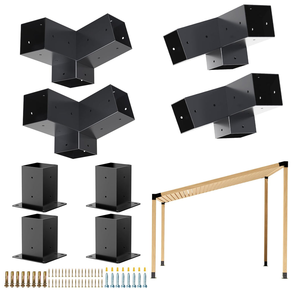 Grehitk Pergola Kit, Slanted Roof Pergola Bracket, 3-Way Brackets with Post Base Kit, Log Cabin Outdoor 4"x 4" (Actual 3.5" X 3.5") Lumber