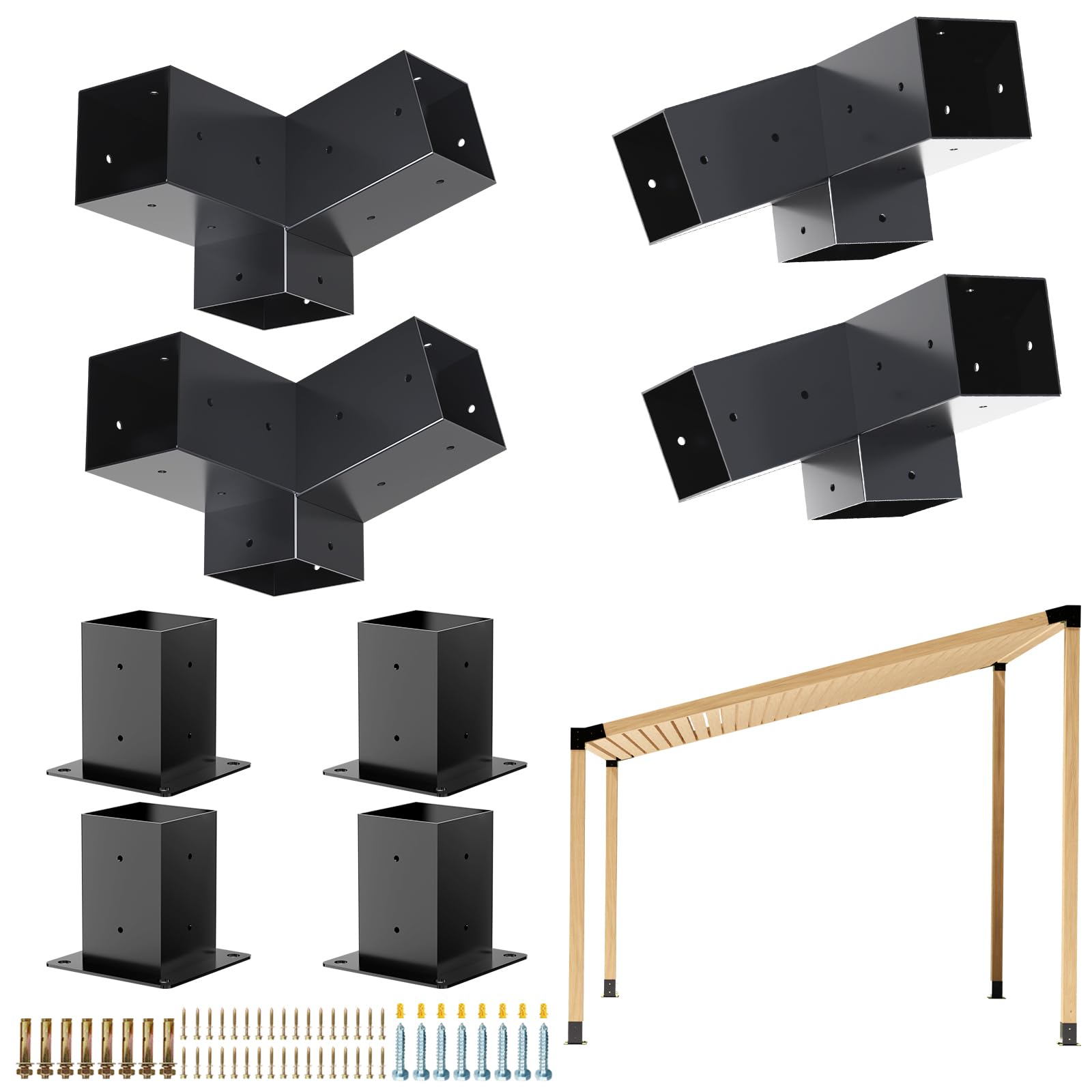 Grehitk Pergola Kit, Slanted Roof Pergola Bracket, 3-Way Brackets with Post Base Kit, Log Cabin Outdoor 4"x 4" (Actual 3.5" X 3.5") Lumber