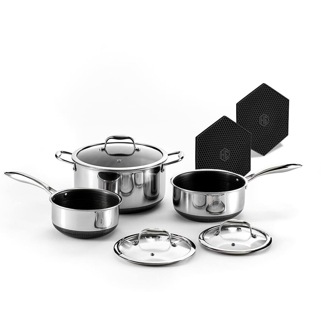 HexClad Hybrid Nonstick 15-Piece Cookware Set, 12" Wok, 8", 10", and 12" Pans with Lids, 2, 3, and 8Qt Pots with Lids, and 2 Silicone Trivets, Stay-Cool Handles, Dishwasher and Oven-Safe