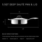 HexClad Hybrid Nonstick 5.5-Quart Deep Sauté Pan with Tempered Glass Lid, Stay-Cool Handle, Dishwasher-Friendly, Oven-Safe Up to 900°F, Induction Ready, Compatible with All Cooktops