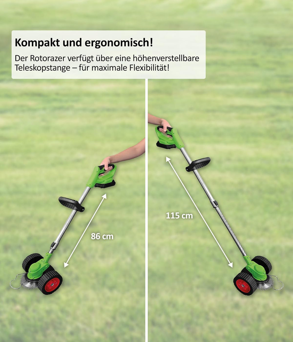 Genius Rotorazer 8 in1 Gartengerät Set 23-TLG. Akku Rasentrimmer Rasenkantenschneider Freischneider mit 2 Akku, Einstellbarer Schnitttiefe, 7 Messerscharfe Klinen, ausziehbare Teleskopstange, Garten