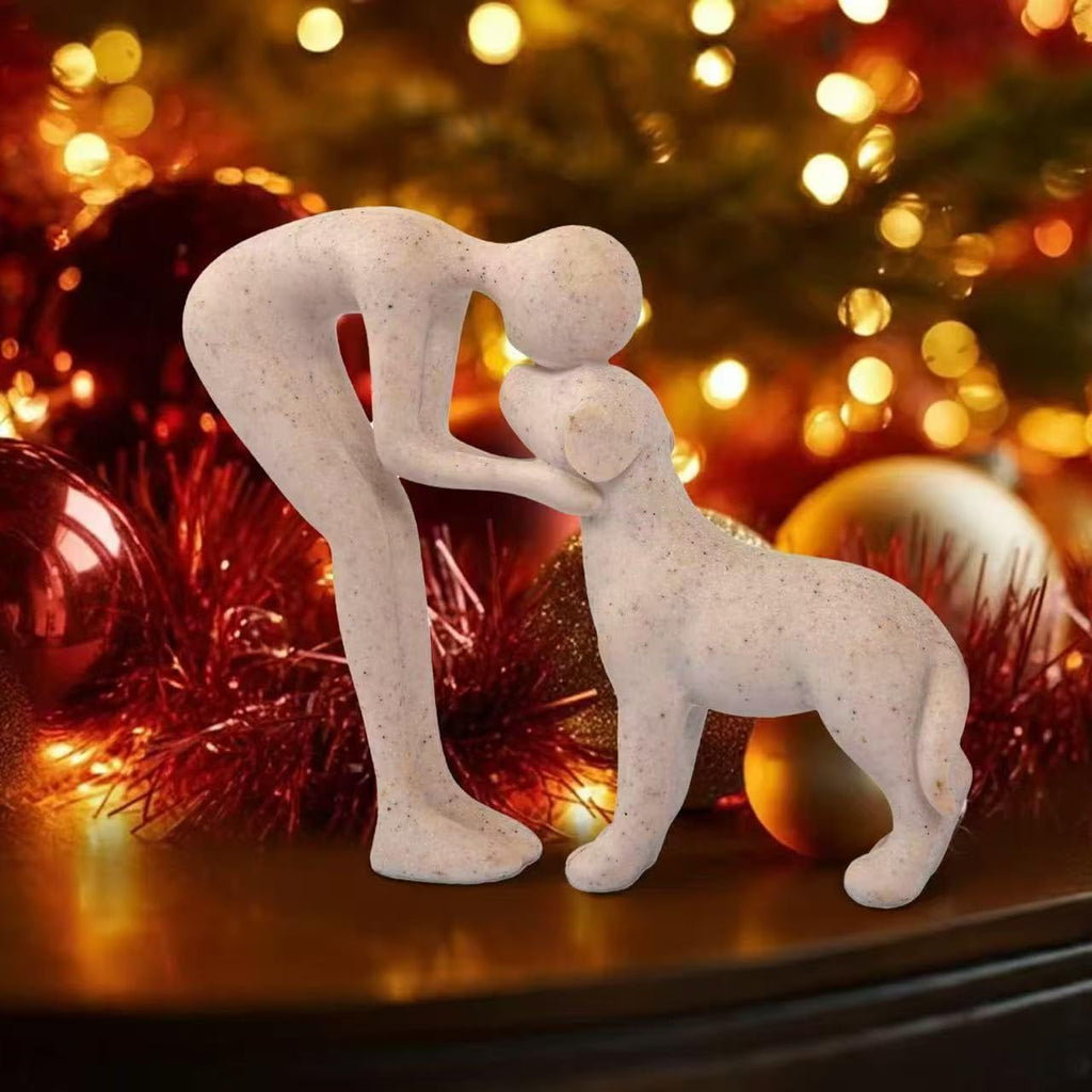 FriyGardcn Dog Sculpture Home Decor Cute Man and Dog Statue Decoration for Office、Living Room、Bedroom、Home， Memory Gifts for Pet Lovers (Sandstone)