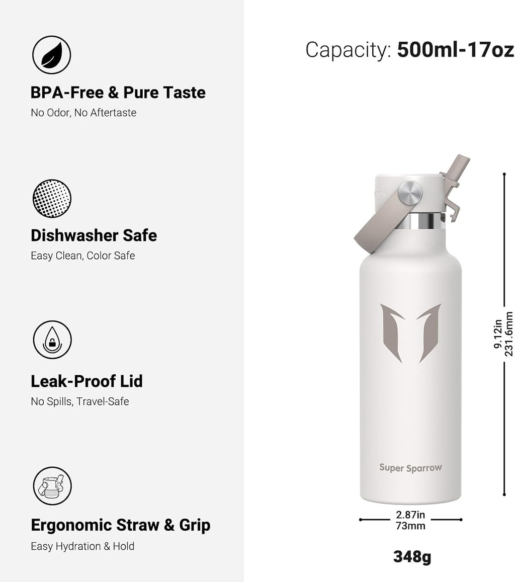 Super Sparrow FlipFlow Stainless Steel Water Bottle 500ml Grey