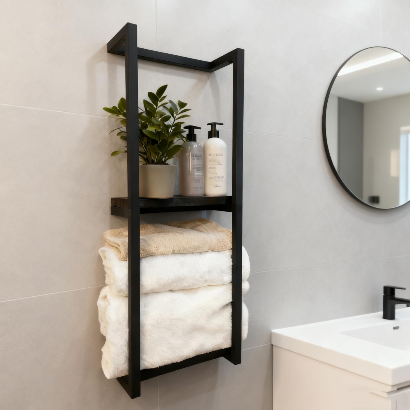 Lengfkus Modern Towel Rack for Rolled Towels,Towel Rack for Bathroom,Wall Mounted Bathroom Organizer Storage,Metal Towel Holders with Wooden Shelf,11" L x 5.5" W x 30" H,Black