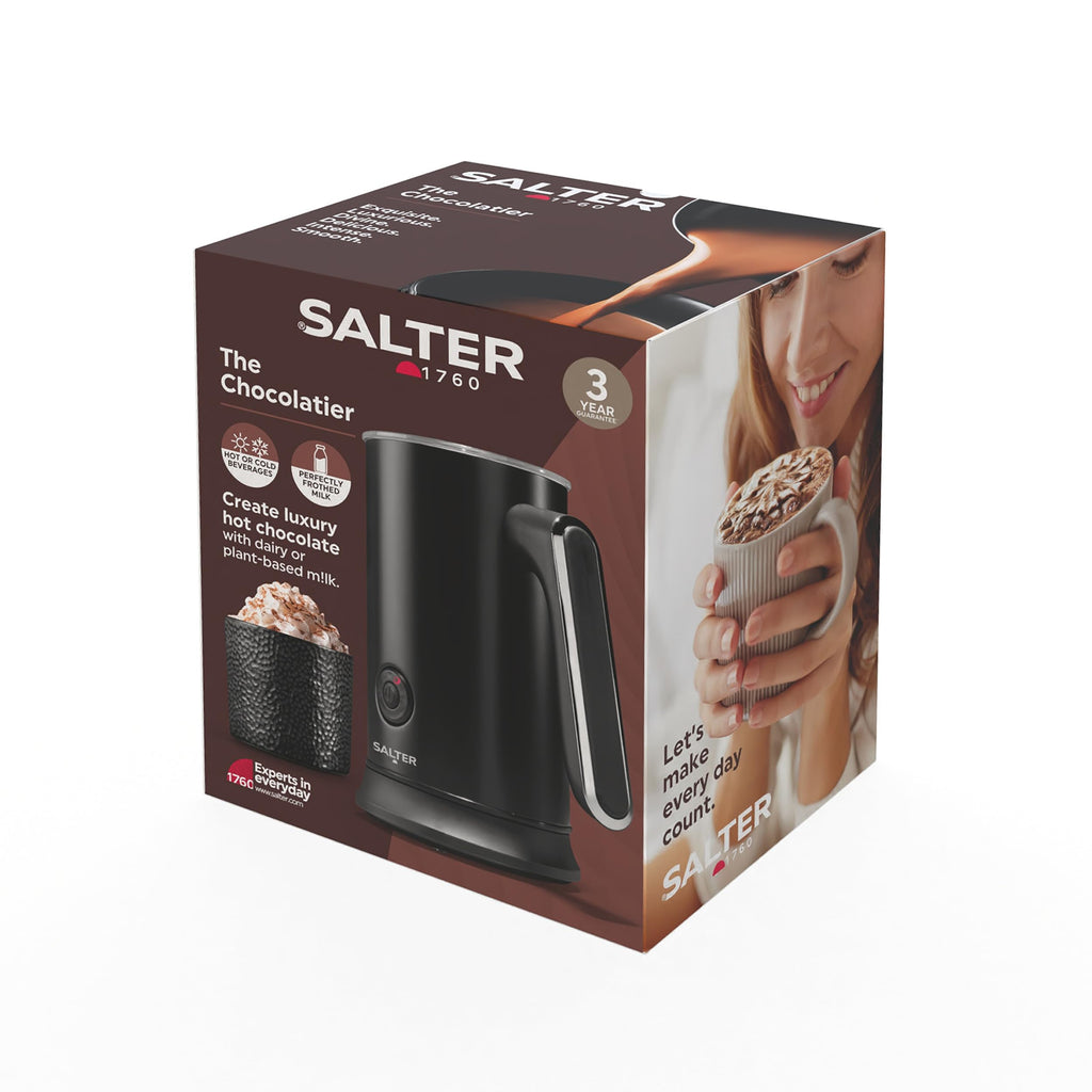 Salter Chocolatier Hot Chocolate Maker - 4-in-1 Electric Milk Frother, Cordless Hot & Cold Milk Foamer 115ml, One Cup 240ml Milk Steamer Heater, LED Control Panel, for Coffee, Cappuccino, Latte, 500W