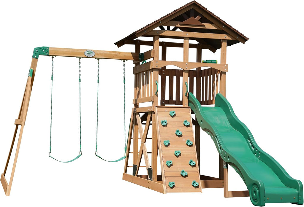 Backyard Discovery Lightning Ridge Cedar Wood Swing Set 10ft Wave Slide