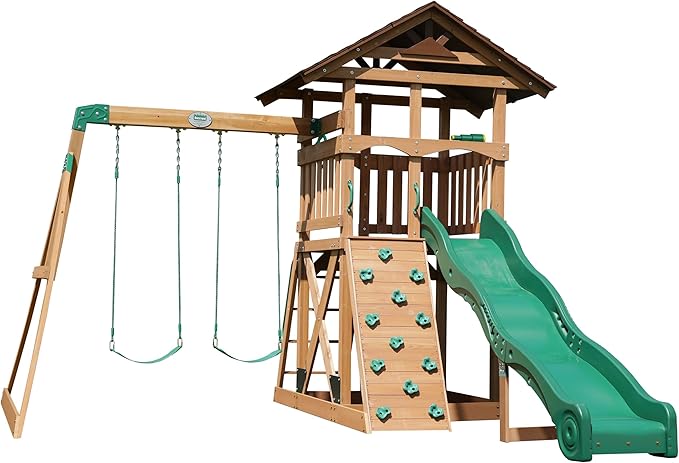 Backyard Discovery Lightning Ridge Cedar Wood Swing Set 10ft Wave Slide