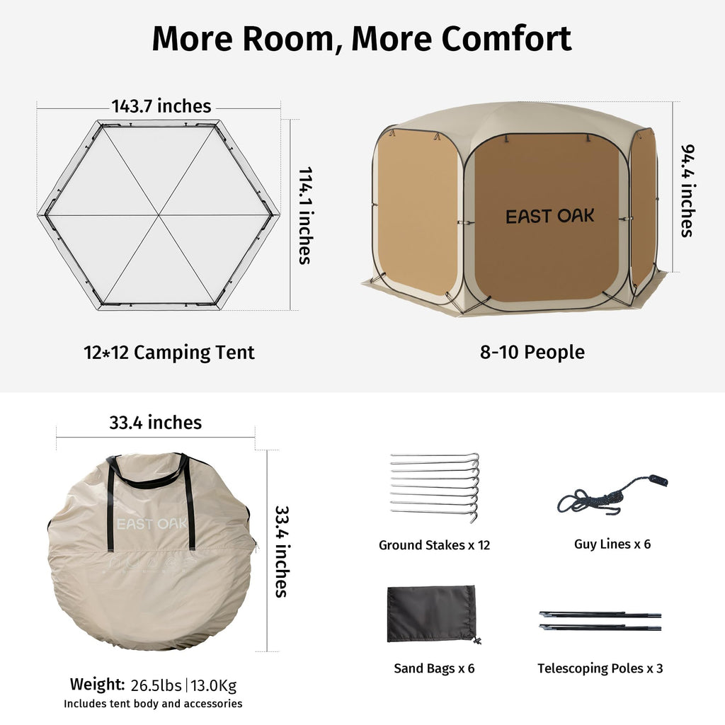 EAST OAK 12×12 FT Pop Up Canopy Tent with Mesh | Outdoor Screen House with 6 Sunshades | Instant Canopy with Portable Carry Bag | Gazebo Tent for Camping, Patio, and Beach | Beige