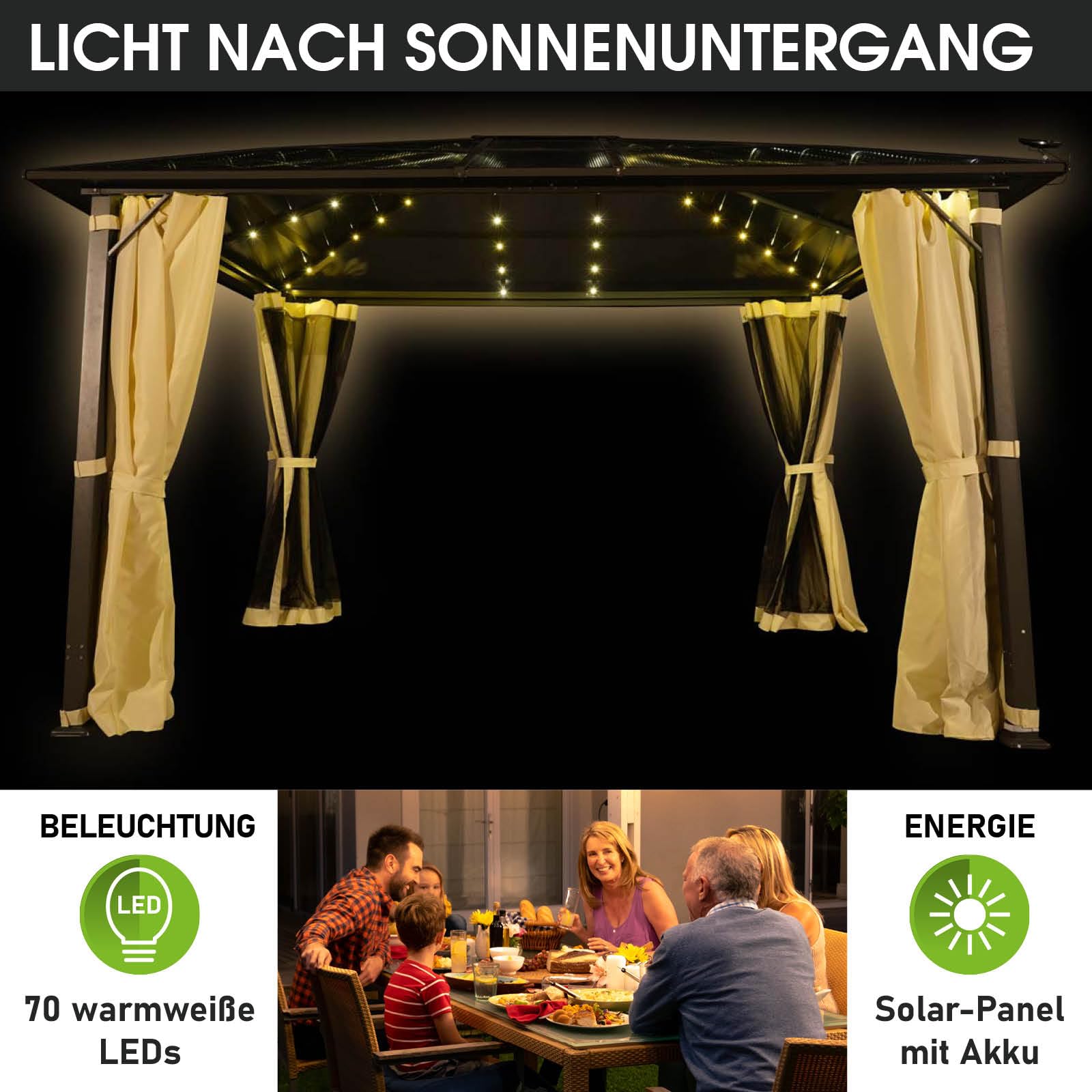 BRAST® Alu Pavillon Summerdream | viele Modelle & Farben | Größen 3x3m 3x4m | Moskitonetz + LEDs | TÜV geprüft | wasserdicht | UV-Schutz | festes Dach | 3x4m Beige LEDs