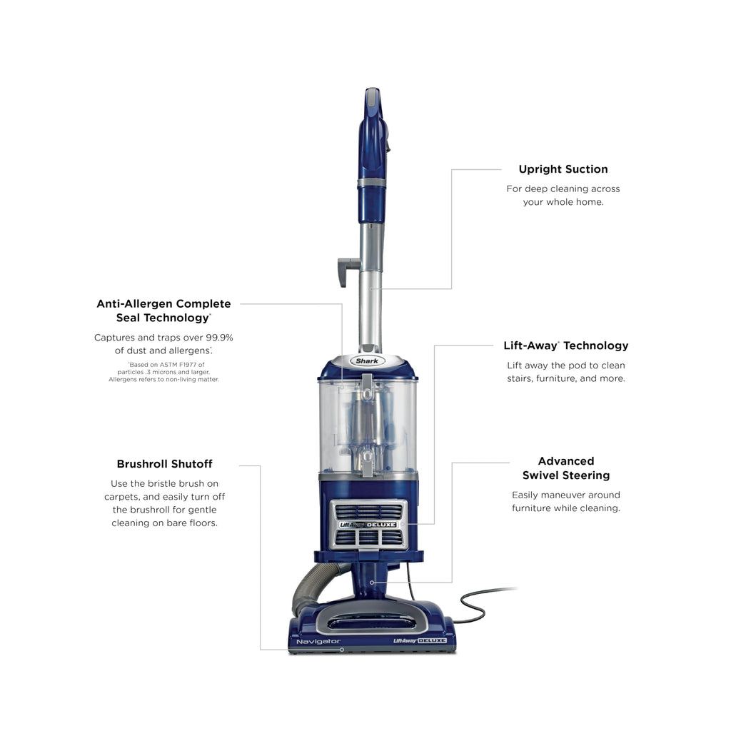 Shark Upright Vacuum, Navigator Lift-Away Deluxe with Large Dust Cup Capacity, HEPA Filter, Swivel Steering, Upholstery Tool & Crevice Tool, Blue, NV360