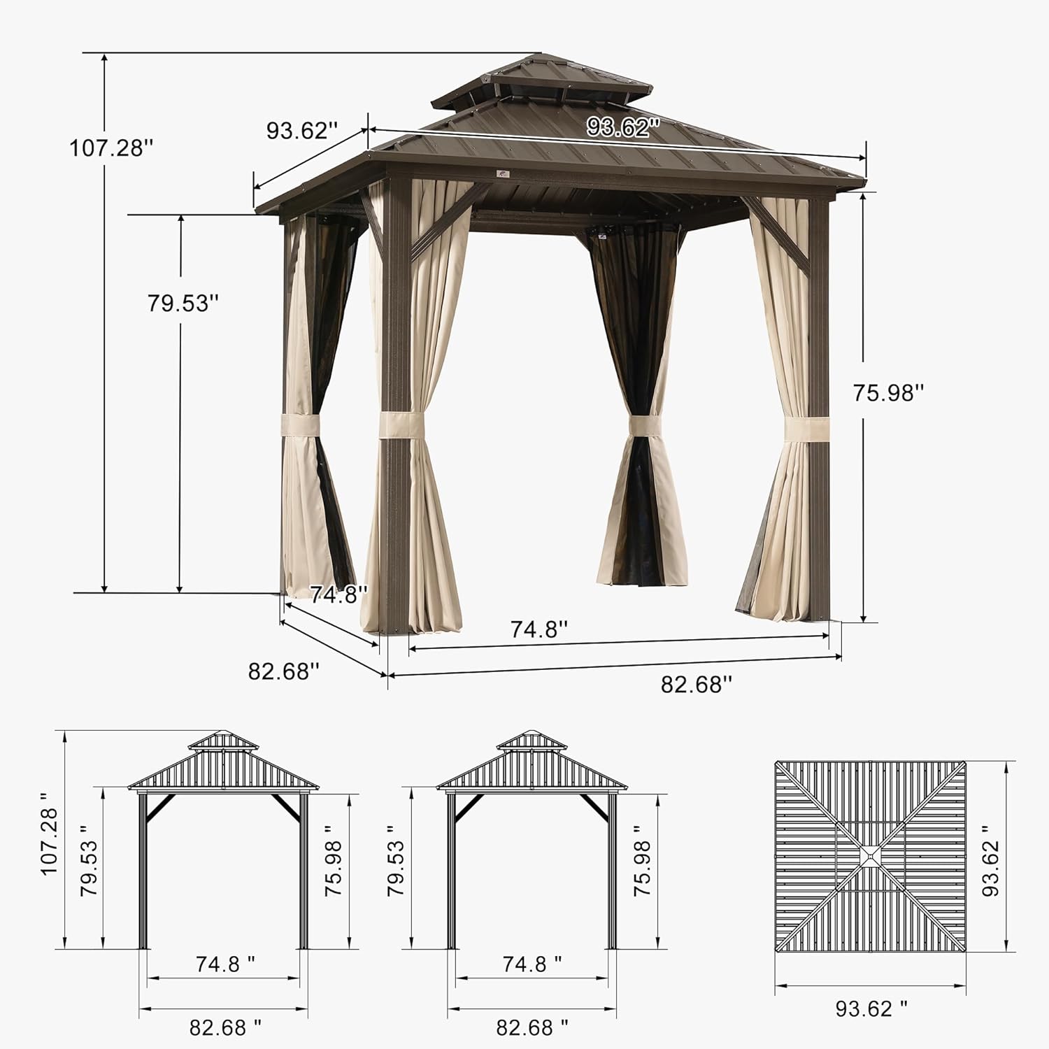 PURPLE LEAF Outdoor Hardtop Gazebo Double Roof Galvanized Steel with Curtains