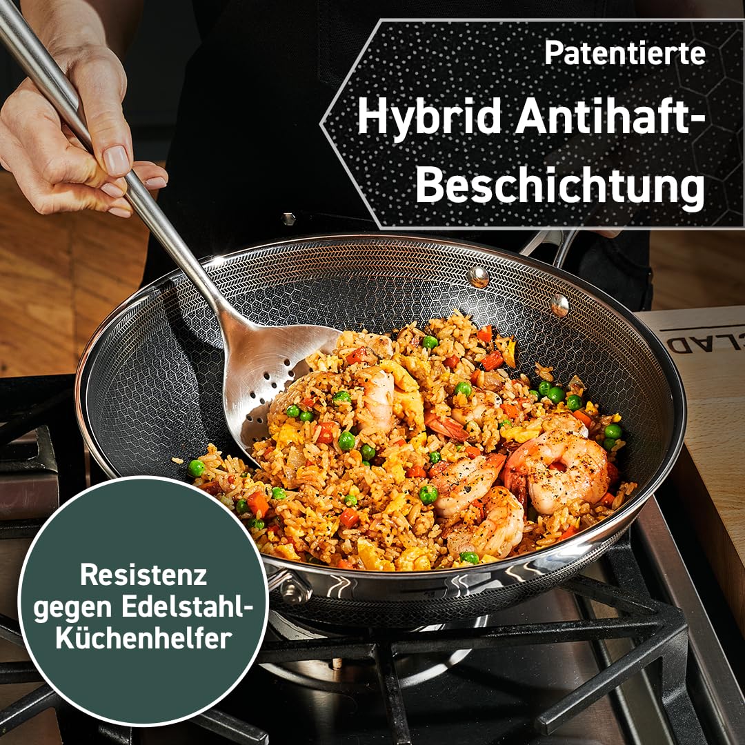 HexClad Hybrid Nonstick 15-Piece Cookware Set, 12" Wok, 8", 10", and 12" Pans with Lids, 2, 3, and 8Qt Pots with Lids, and 2 Silicone Trivets, Stay-Cool Handles, Dishwasher and Oven-Safe