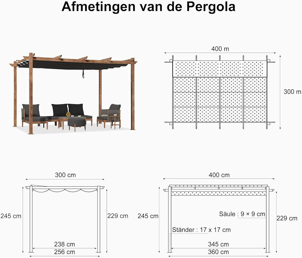 PURPLE LEAF 3x4m Aluminum Pergola Sliding Roof Sun Shade Wood Grain Gray