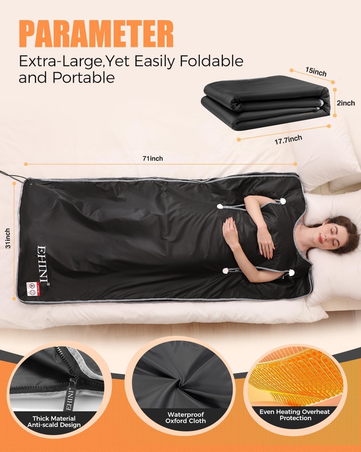 EHINI Infrared Sauna Blanket for Home Use, Portable Design for Relaxation and Detoxification Highest 176℉, 20-60 Minutes Timer, 6 ft x 2.65 ft (Black)