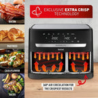 Tefal Easy Fry Dual Zone Digital Air Fryer, 2 Drawers, 8.3L, 8in1, Air Fry, Extra Crisp, Roast, Bake, Reheat, Dehydrate, 6 Portions, Non-Stick, Dishwasher Safe Baskets, Black & Metal EY901840