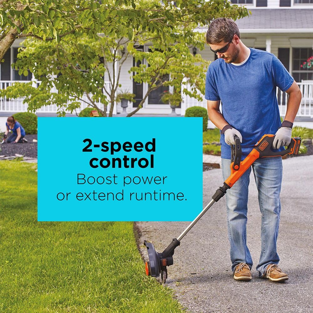 BLACK+DECKER 20V MAX Cordless String Trimmer and Edger with Spool, Battery and Charger Included, 2 Speed, 12 Inch (LST522)
