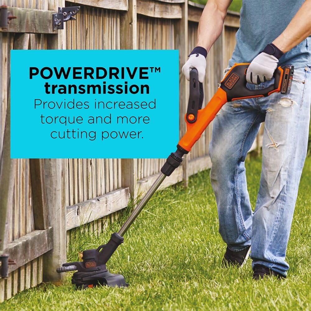 BLACK+DECKER 20V MAX Cordless String Trimmer and Edger with Spool, Battery and Charger Included, 2 Speed, 12 Inch (LST522)