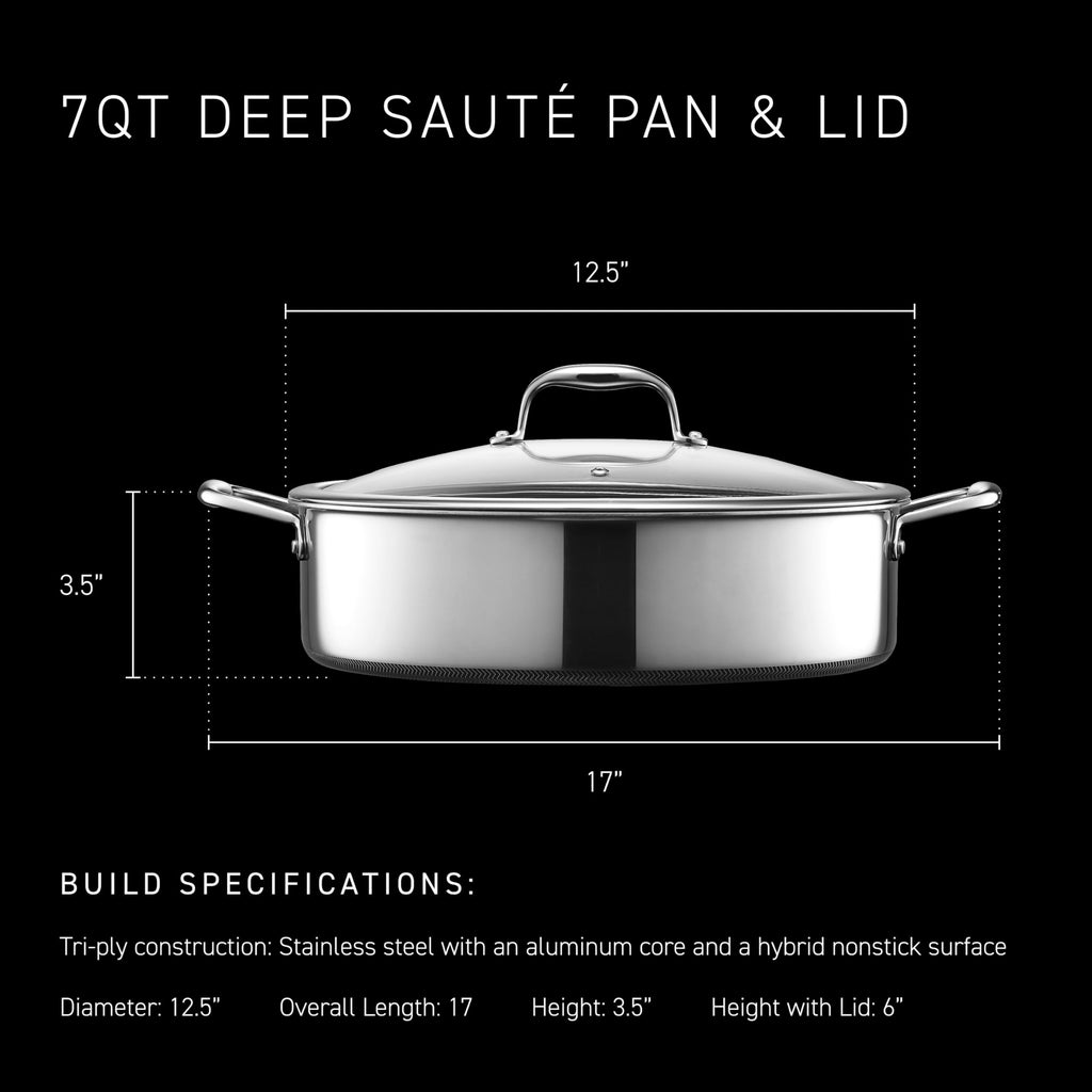 HexClad Hybrid Nonstick 7-Quart Sauté Pan with Tempered Glass Lid, Chicken Fryer, Stay-Cool Handles, Dishwasher-Friendly, Oven-Safe Up to 900°F, Induction Ready, Compatible with All Cooktops