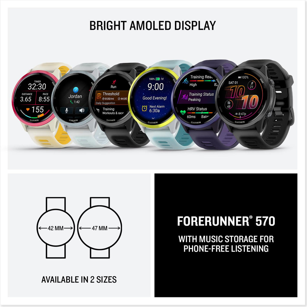 Garmin® Forerunner® 570, 47mm, Advanced GPS Running and Triathlon Smartwatch, AMOLED Display, Training and Recovery Features, Amp Yellow Aluminum with Translucent Whitestone/Turquoise Band