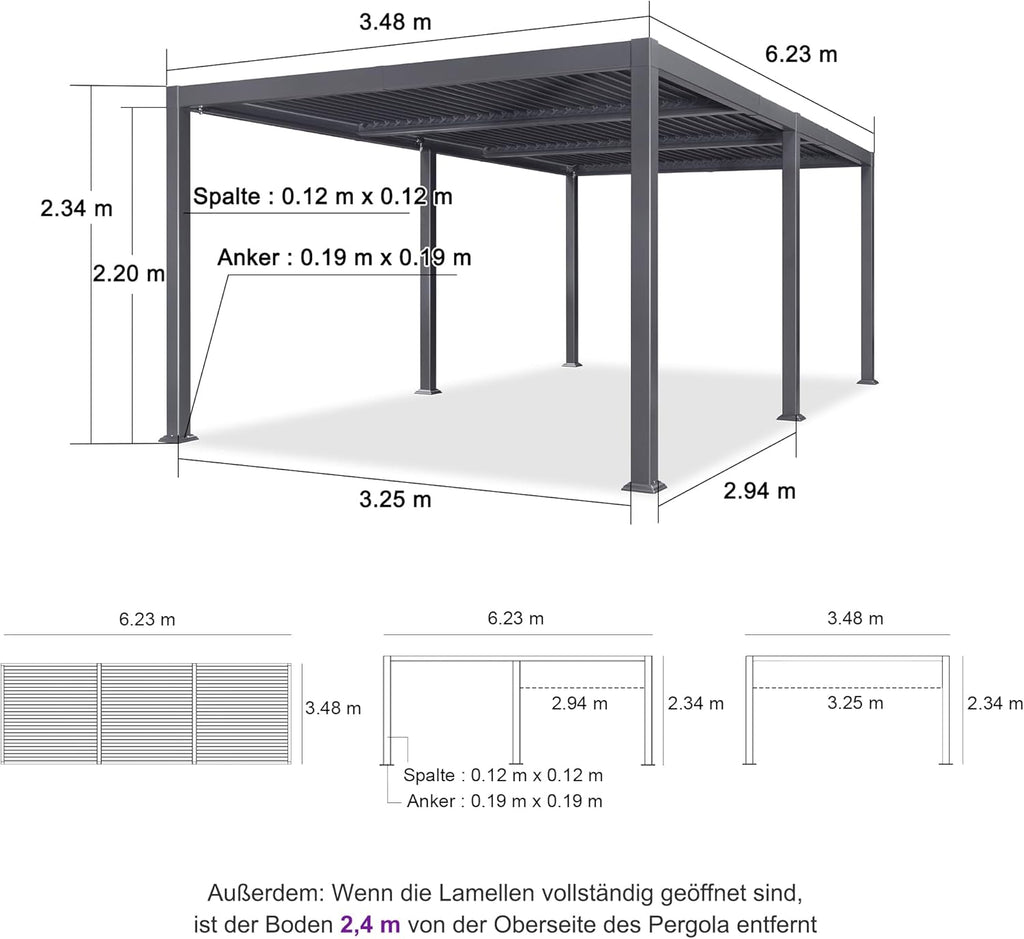 PURPLE LEAF 3.5x6.25m Freestanding Aluminum Pergola Adjustable Slat Roof Grey