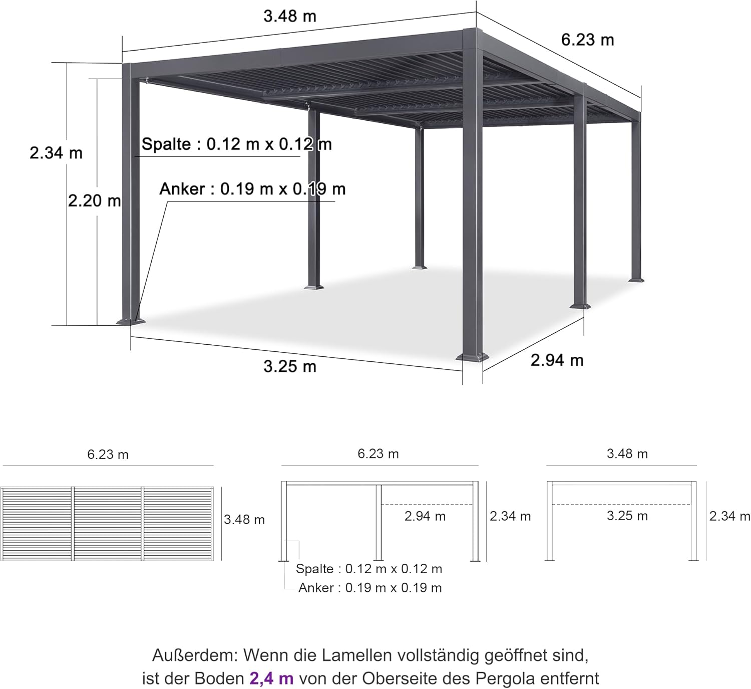 PURPLE LEAF 3.5x6.25m Freestanding Aluminum Pergola Adjustable Slat Roof Grey