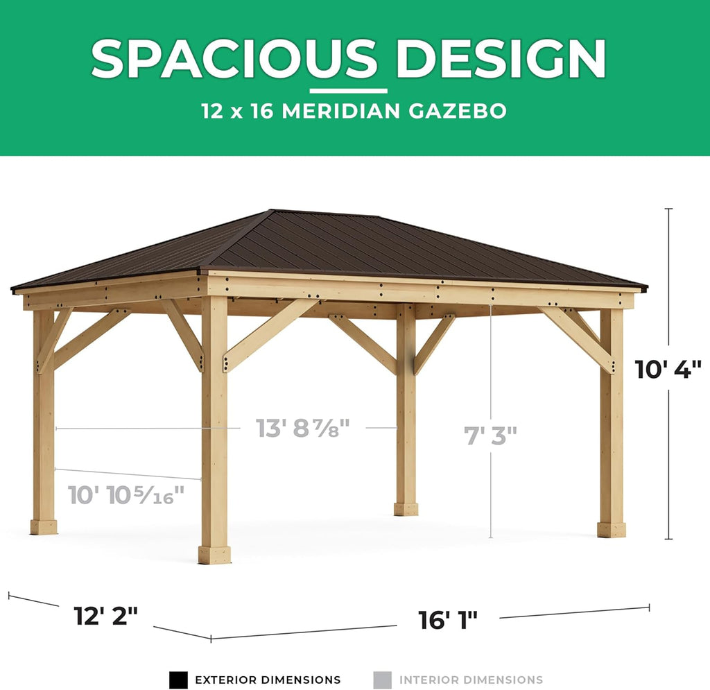 Yardistry Meridian 12 x 16 Cedar Wood Gazebo Pavilion Aluminum Roof