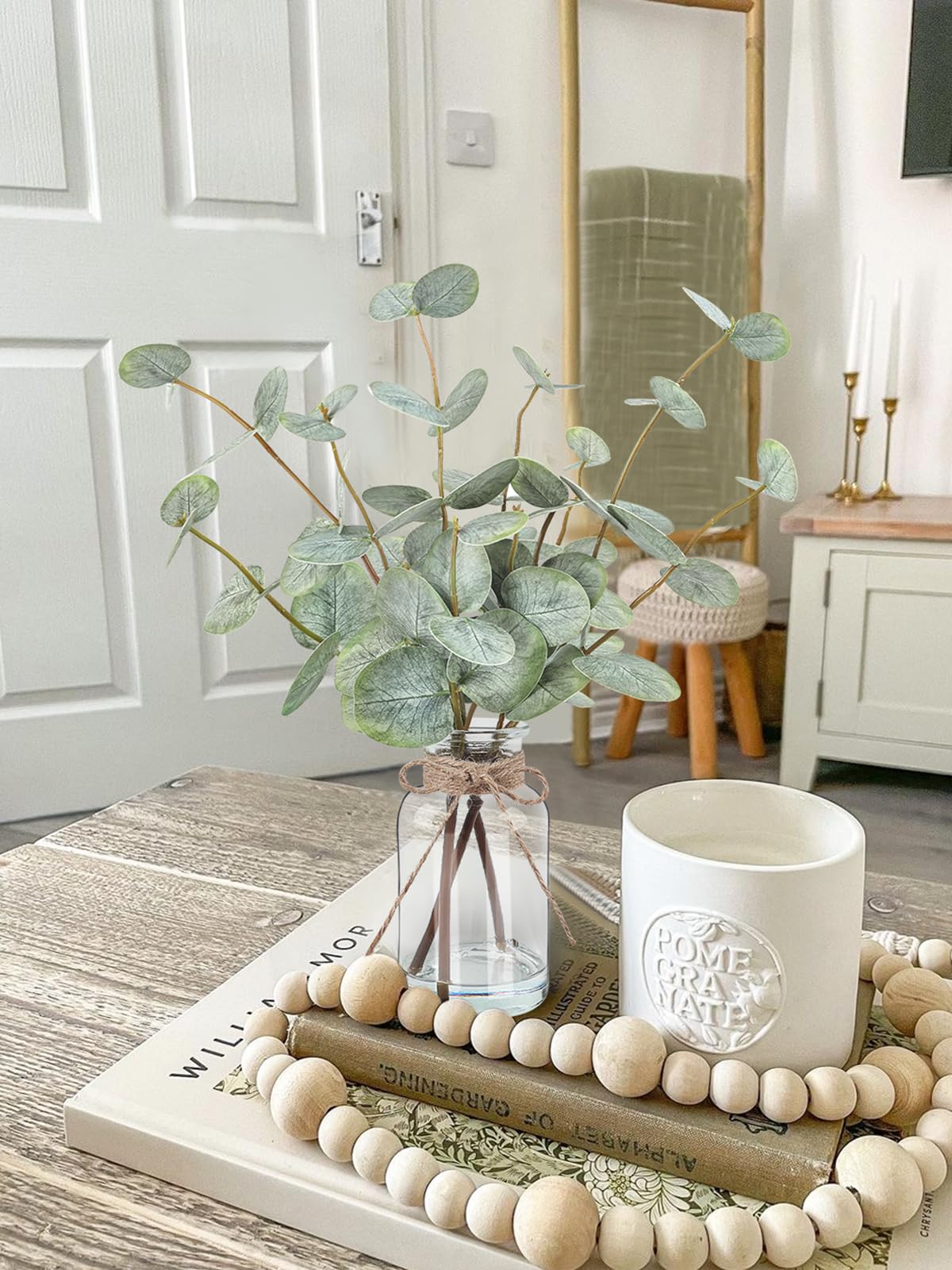 Bessol Artificial Eucalyptus Stems in Glass Vase with Faux Water, 13.5” Fake Plants for Home Decor, Coffee Table Centerpieces, Office, Bathroom & Farmhouse Weddings - Faux Greenery Plants Decorations