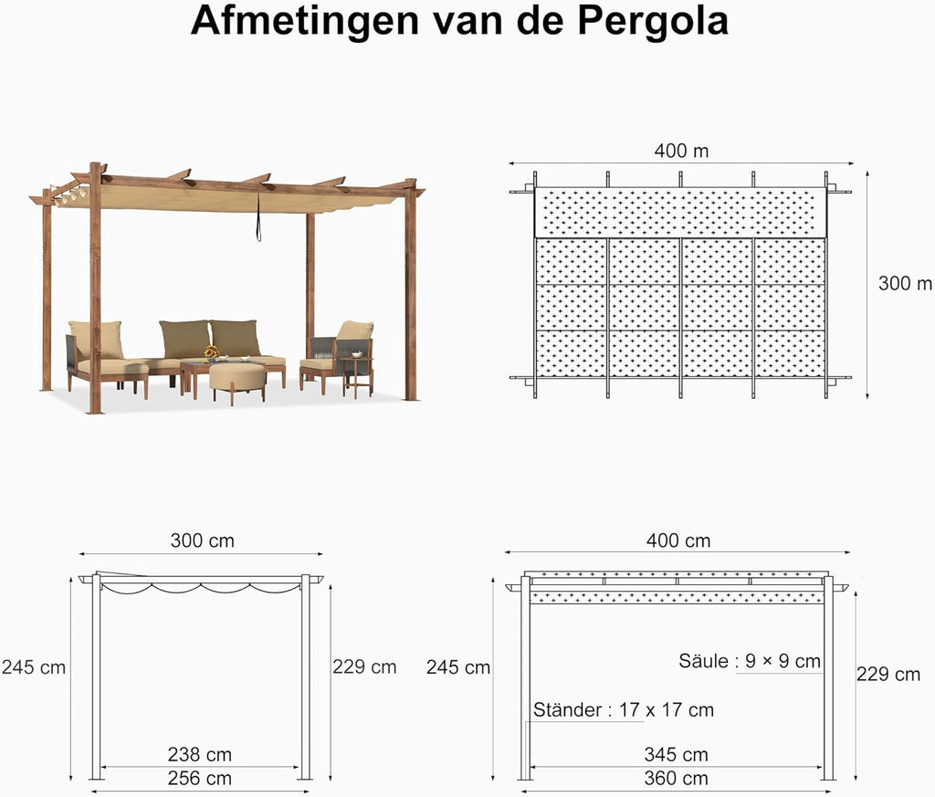 PURPLE LEAF Wood Look Aluminium Pergola 3 x 4m Sliding Roof Gazebo Beige