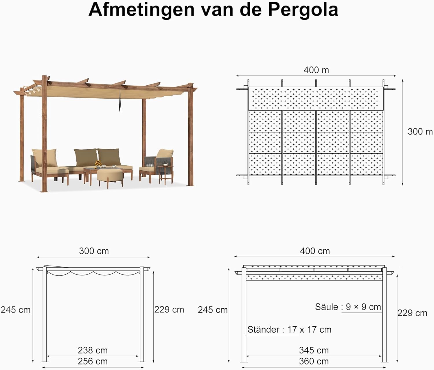 PURPLE LEAF Wood Look Aluminium Pergola 3 x 4m Sliding Roof Gazebo Beige