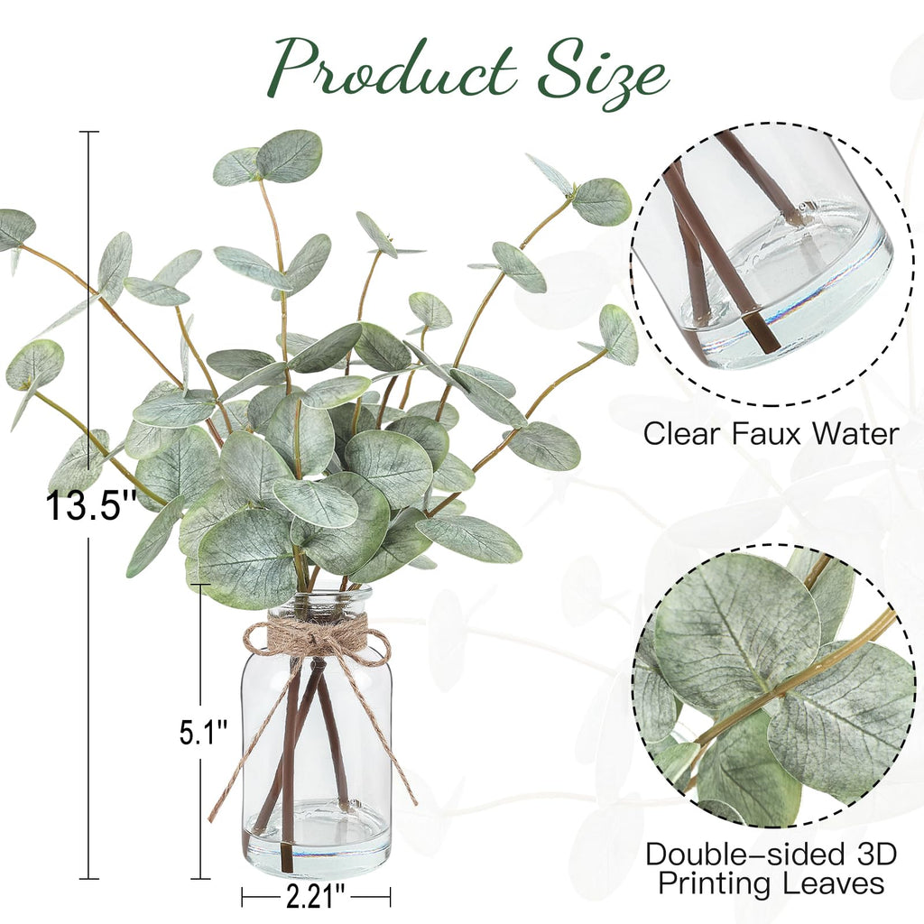 Bessol Artificial Eucalyptus Stems in Glass Vase with Faux Water, 13.5” Fake Plants for Home Decor, Coffee Table Centerpieces, Office, Bathroom & Farmhouse Weddings - Faux Greenery Plants Decorations
