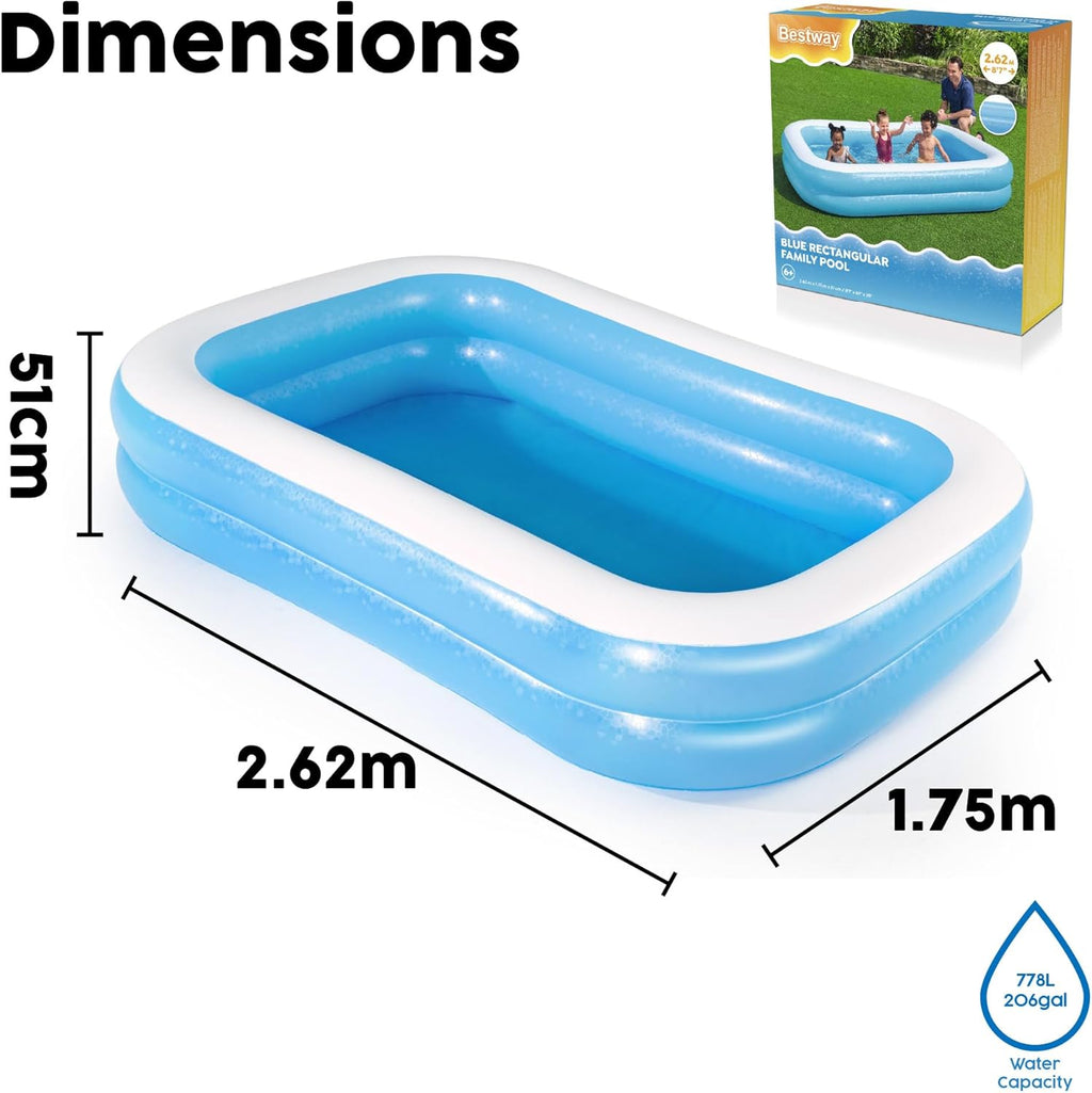 Bestway 54006 Family Rectangular Inflatable Paddling Pool Blue/White