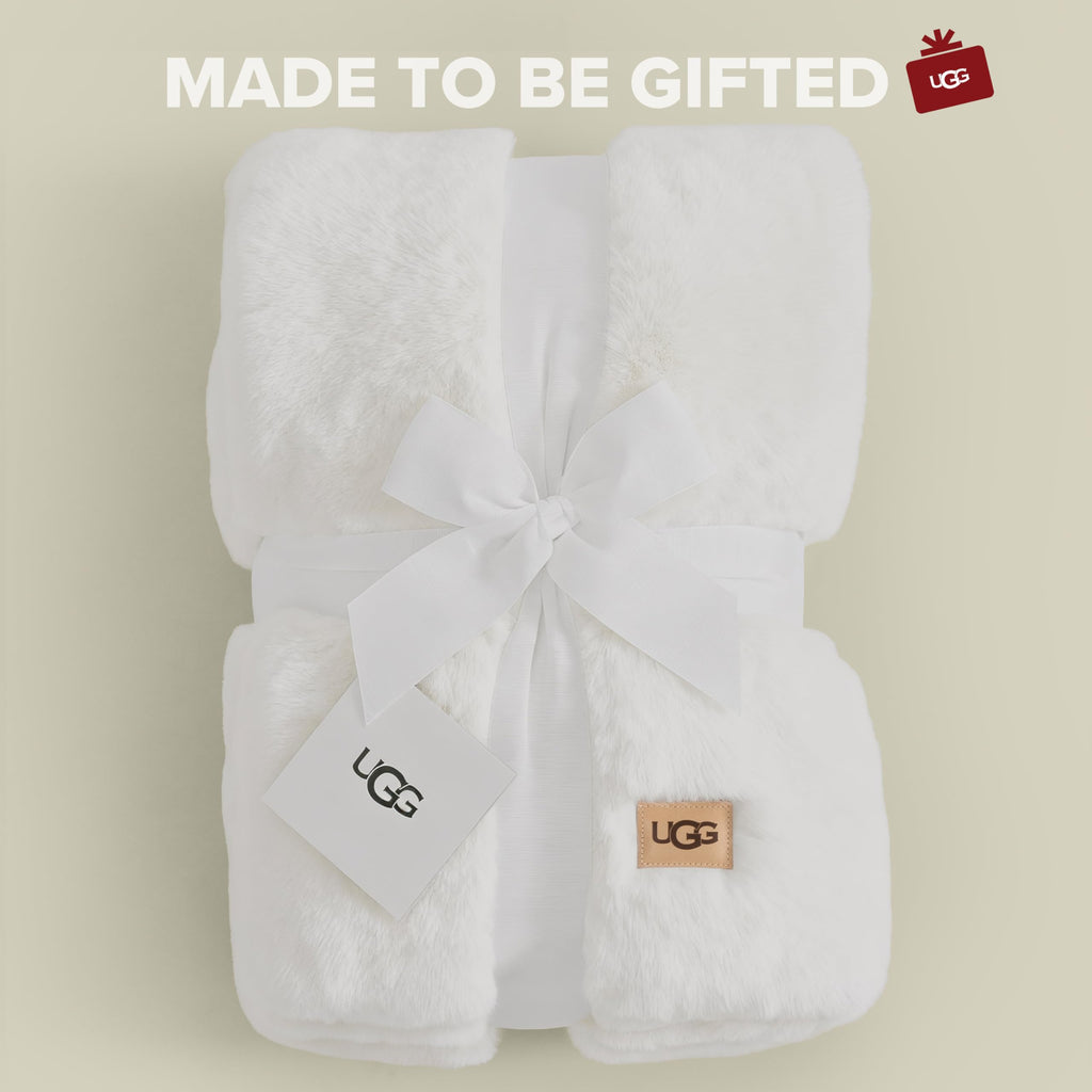 UGG Euphoria Plush Faux Fur Throw Blanket, Warm Fluffy Throw for Couch or Bed, Luxury Bedroom Decor, Christmas Fluffy Blankets, Machine Washable, 50-inch x 70-inch, White Snow