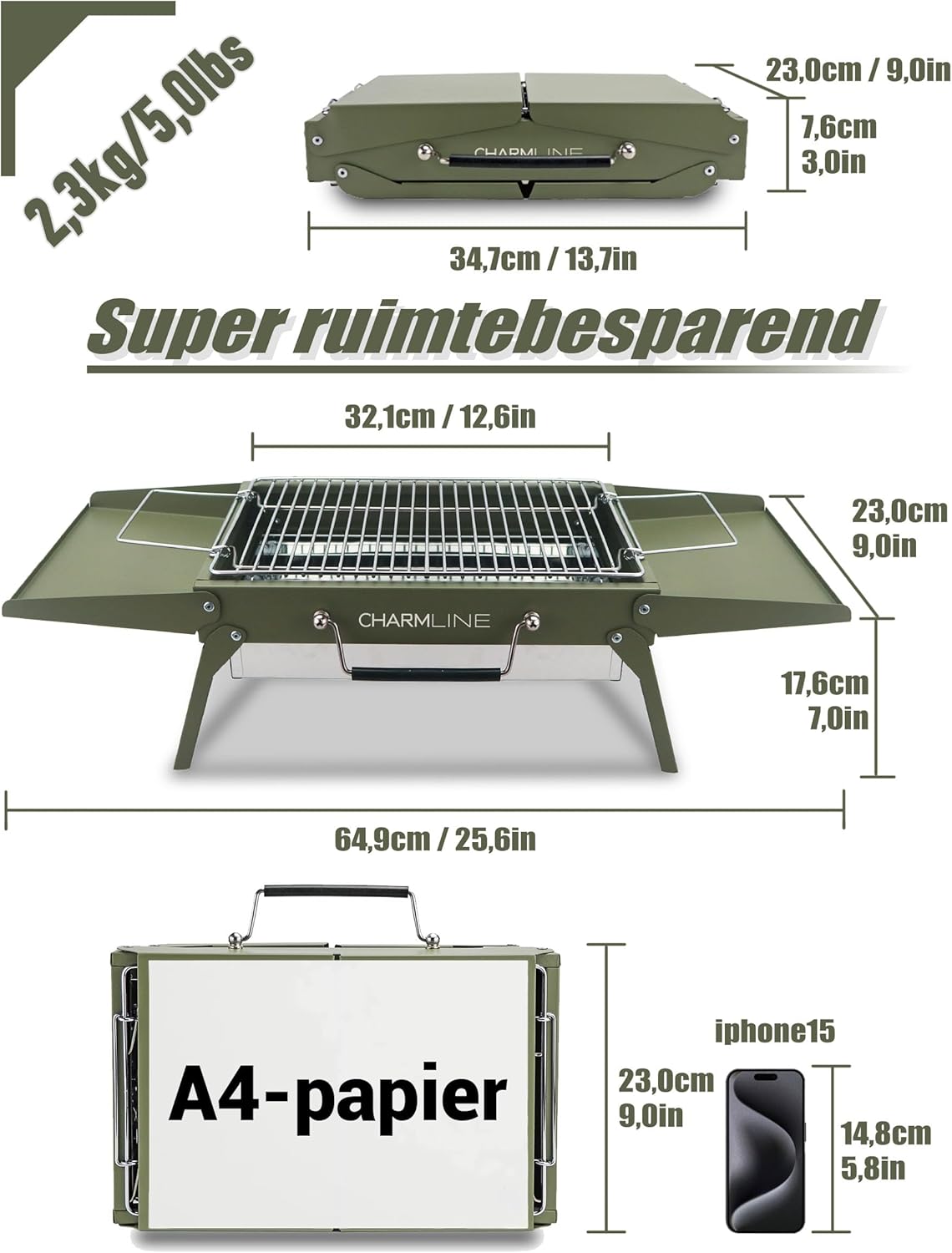 Charmline Foldable Portable Charcoal Grill 34x23cm Green