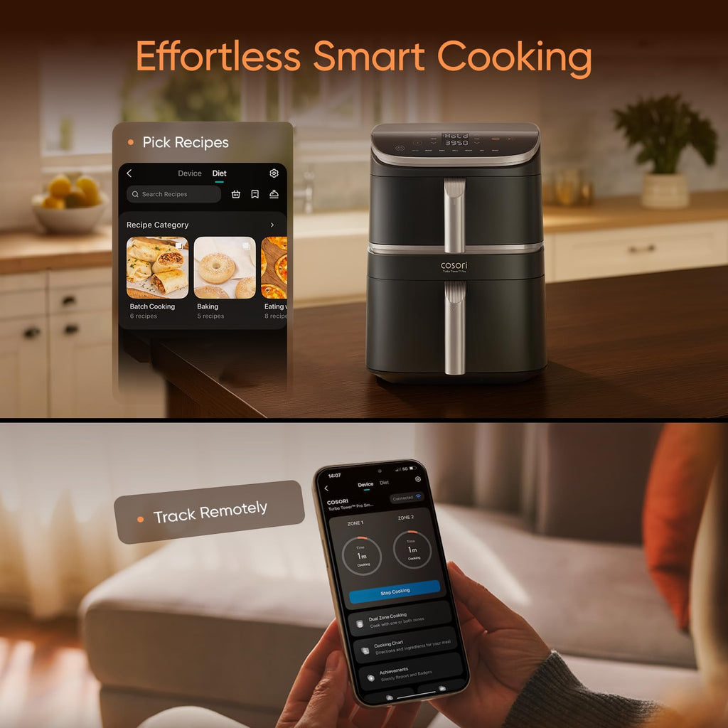 COSORI Turbo Tower Pro Dual Air Fryer, 10.8L Ceramic Coating, Stacked Space-Saving Design, DualBlaze Even Heat Tech, Rapid Heat System for Faster, Crispier Cooking, Smart Control, Energy Efficient