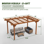 Outdoor Wooden Pergola 12x10 ft with Trellis Roof for Climbing Plants Brown