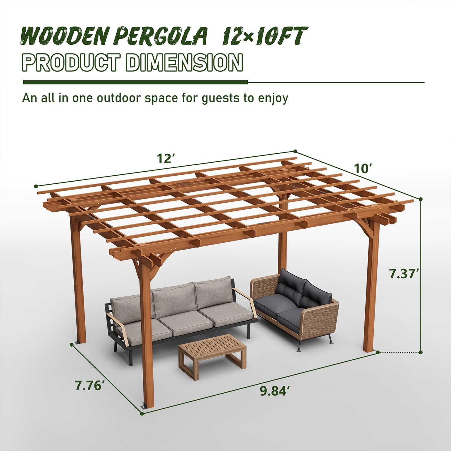 Outdoor Wooden Pergola 12x10 ft with Trellis Roof for Climbing Plants Brown